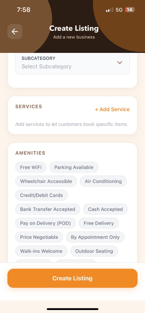 Mobile create listing screen