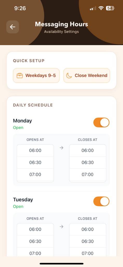 Mobile messaging hours settings